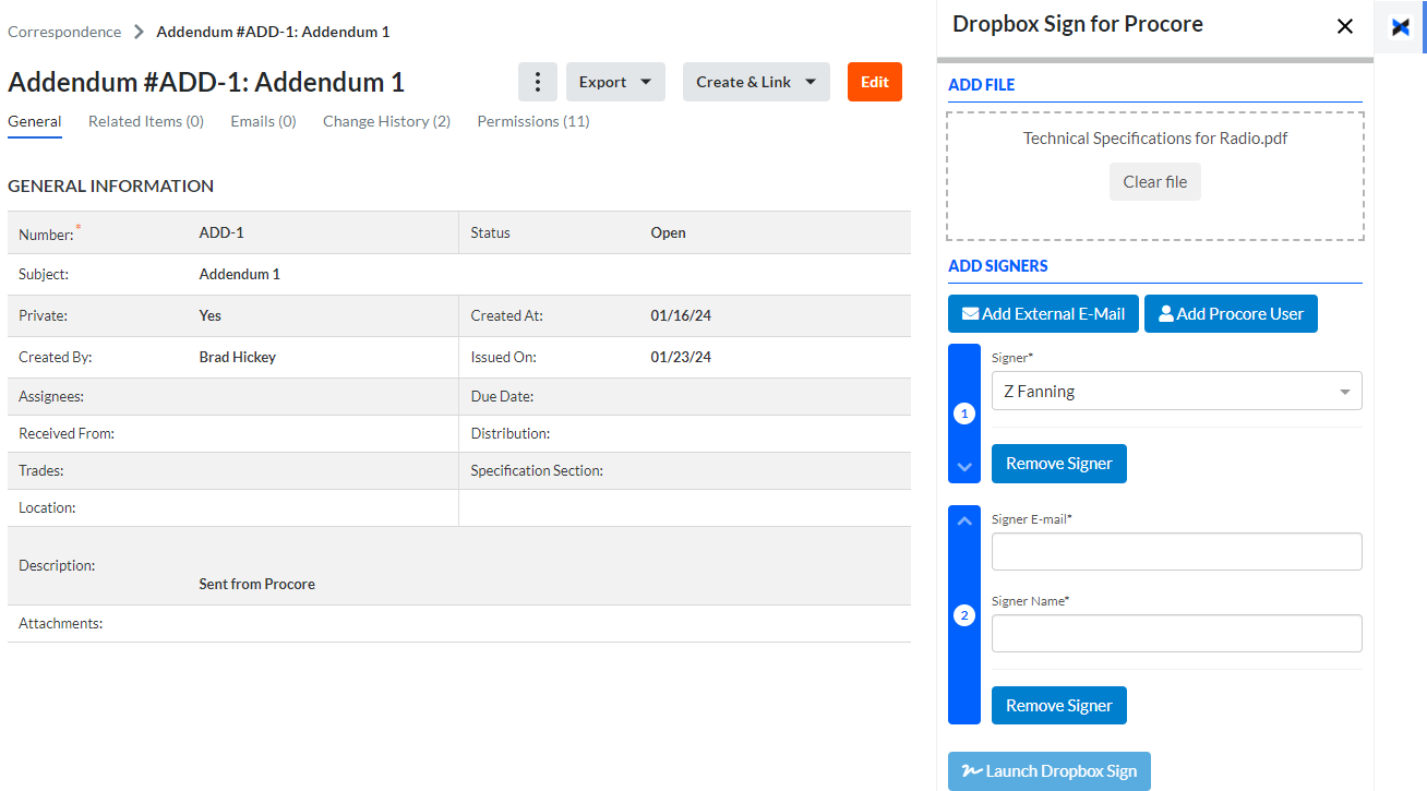 Screenshot of Dropbox Sign added to Correspondence tool